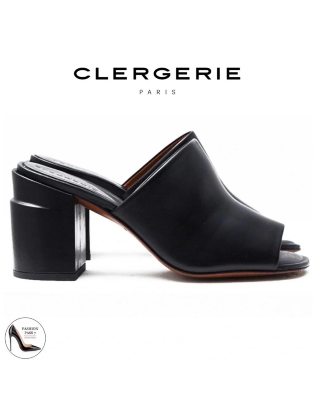 ROBERT CLERGERIE ALLEGRIA MULE BLACK LEATHER block Heel Open Toe Slip On Sandals